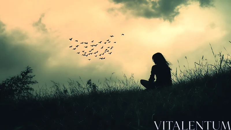 Silhouetted person on hillside observing distant bird flock.