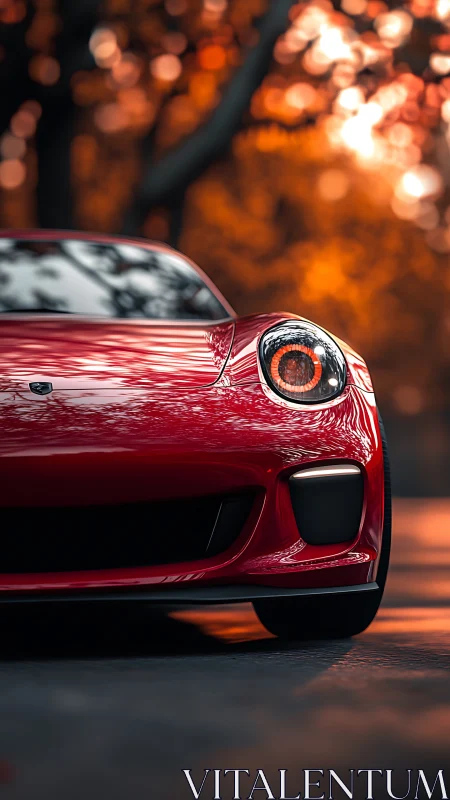 Crimson supercar prowls beneath molten autumn embers.
