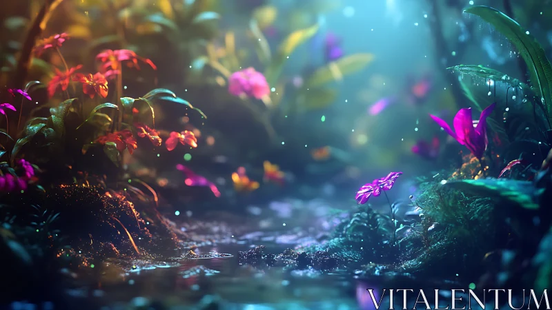 Enchanted neon forest stream shimmers under soft twilight glow