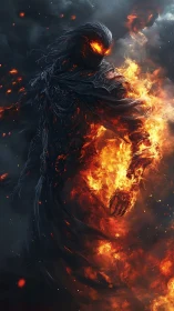 Fire wraith emerges from smoke, molten eyes blazing bright.