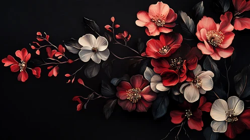 Red and Cream Floral Arrangement Against Black Background.