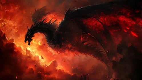 Dark winged dragon silhouette in red fiery atmosphere.