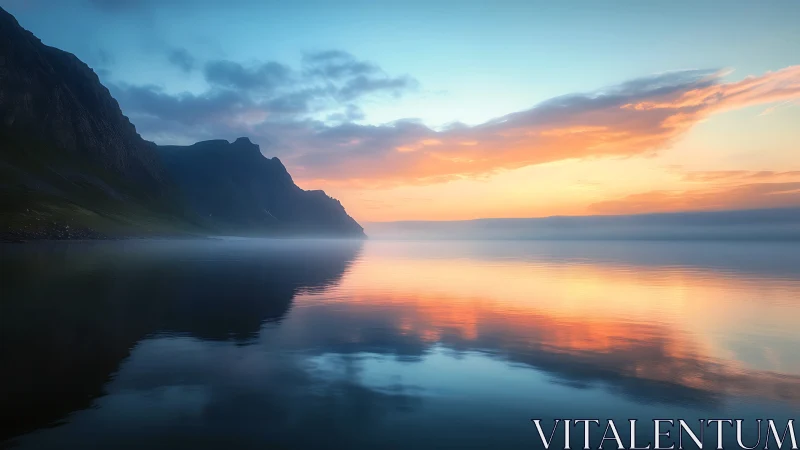 Coastal mountain silhouettes reflected in calm sunset water.