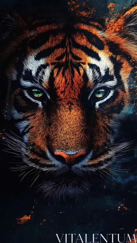 Ember-eyed tiger gazes through midnight sparks and silence