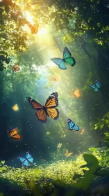 Sunlit forest butterflies drift through glowing green haze.