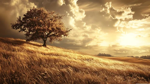 Solitary tree stands on sloped grassland under dense clouds