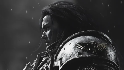 Stoic armored warrior gazing ahead through falling rain.