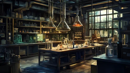 Moody industrial chemistry lab with glowing glassware at dusk.
