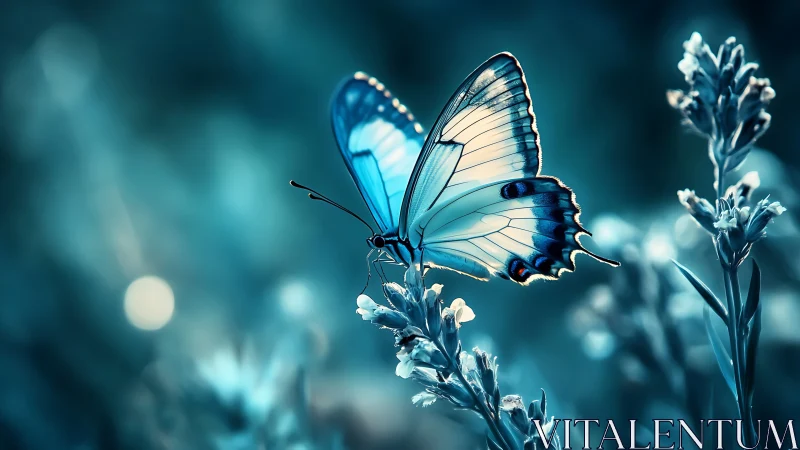 Iridescent blue butterfly poised in ethereal bokeh garden.