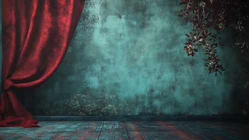 Velvet stage drapery against distressed teal plaster wall.
