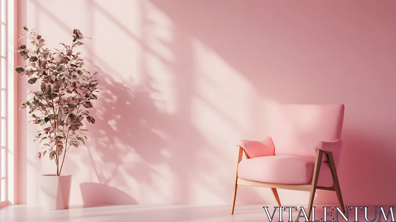 Soft pink reading nook with sunlit chair and potted tree.