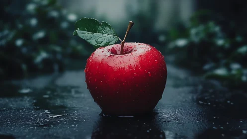 Red apple stands on wet dark surface with detailed droplets