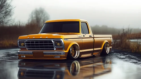 Golden lowrider truck cruising through a misty backroad day.