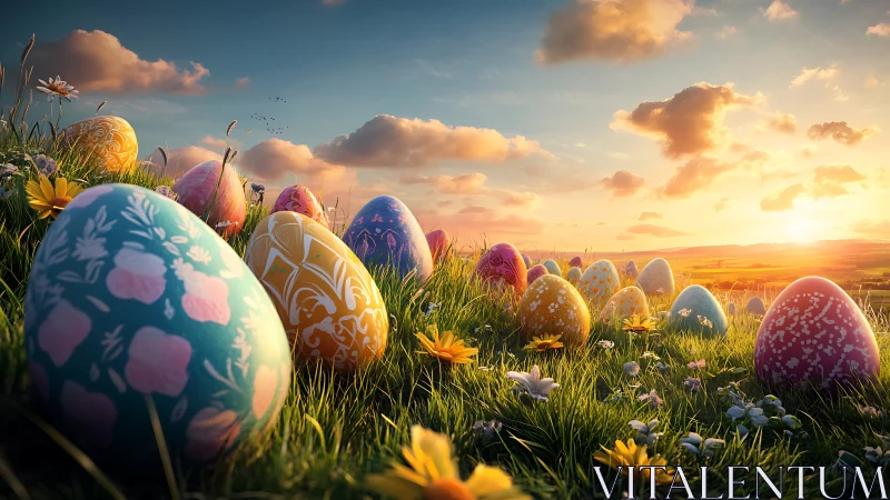 Photorealistic meadow of ornate Easter eggs at golden hour.