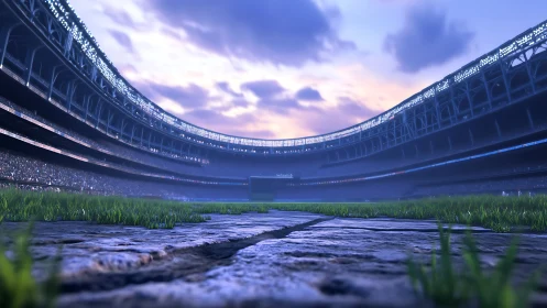 Twilight stadium panorama with low-angle turf and crowds.
