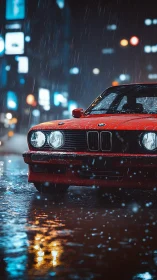 Red sports coupe in neon lit rain soaked night street scene.