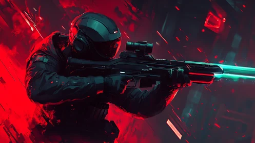 Armored sci fi soldier fires glowing rifle amid neon chaos.