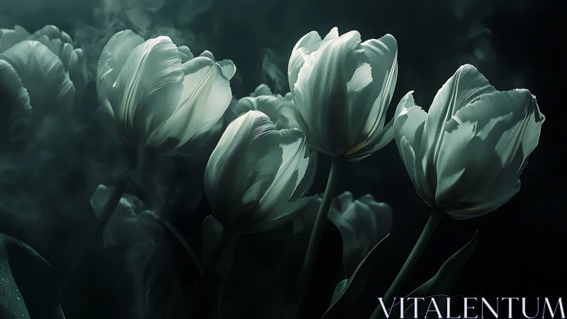 White Tulips with Striped Petals in Moody Teal Environment