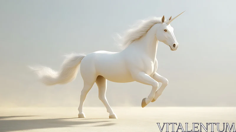 White unicorn galloping across soft, sunlit plain.