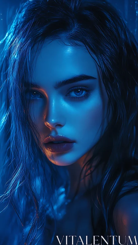 Neon blue portrait highlights wet hair and glossy lips.