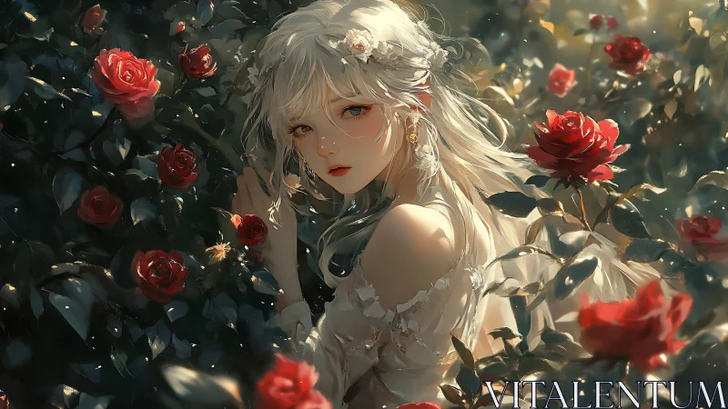 Ethereal white haired girl amid glowing red rose garden.