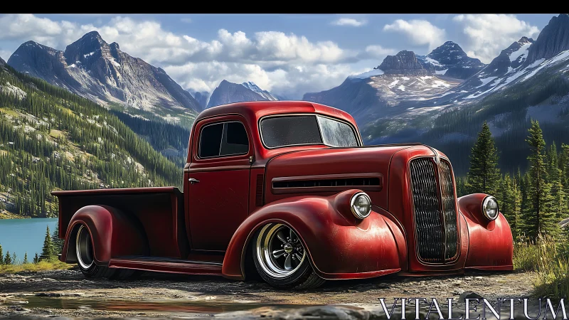 Custom vintage red pickup truck in alpine mountain landscape.