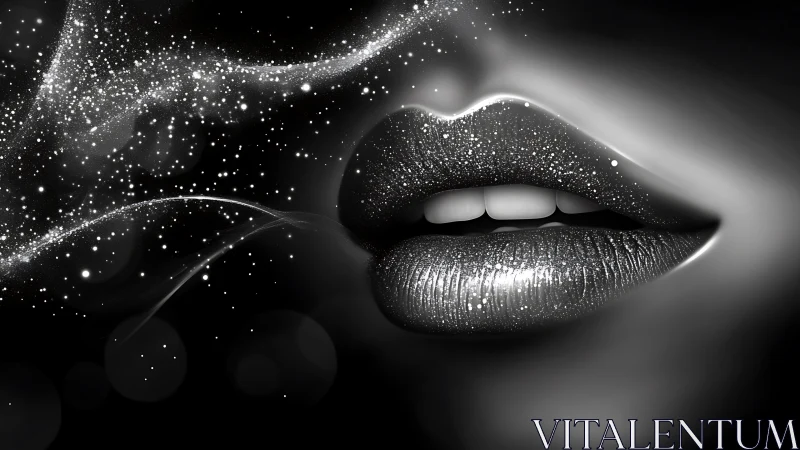 Monochrome glittered lips with particulate light dispersion field.