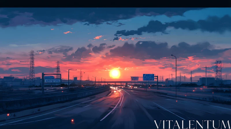 Neon dusk highway under vivid industrial sunset sky.