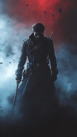 Dark swordsman silhouette within red and blue fog banks.