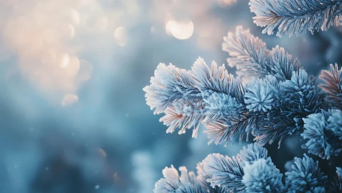 Frost covered evergreen needles in soft winter light.