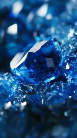 Deep blue gemstone nestles in sparkling crystal bed