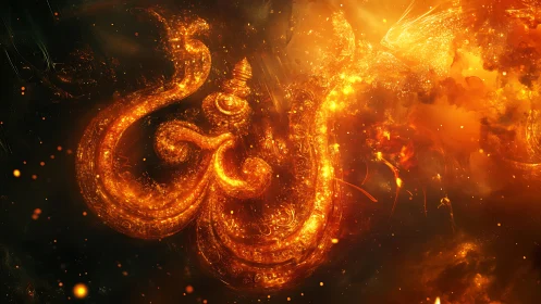 Fiery Om symbol glows within swirling cosmic nebula