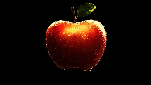 Red apple with water droplets on black background.