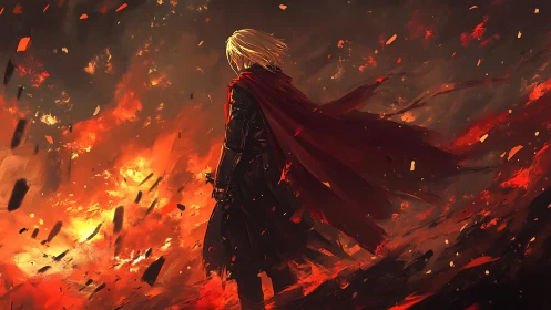 Crimson-cloaked warrior surveying incandescent battlefield aftermath.
