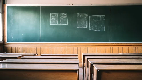 Empty wooden lecture hall with expansive chalkboard surface.