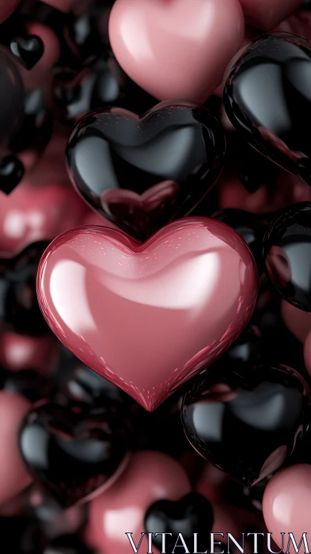 Glossy 3D Heart Spheres: Pink and Black Reflective Polymer Composition