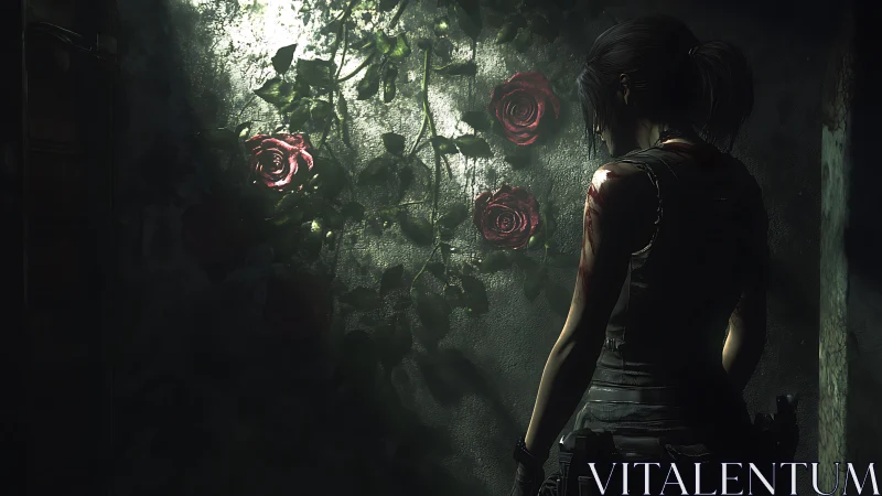 Shadowed survivor pausing by rose-covered concrete wall.