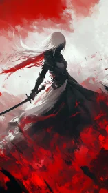 Sword-wielding figure stands amid abstract red and white field
