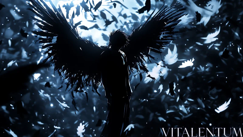 Midnight winged guardian rising through a storm of feathers.