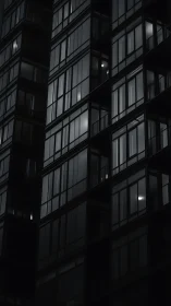 Nocturnal glass facade isolates illuminated urban interiors