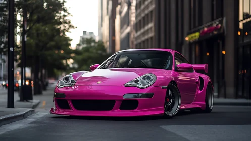 Hot pink sports car parked low in sleek urban streetscape.