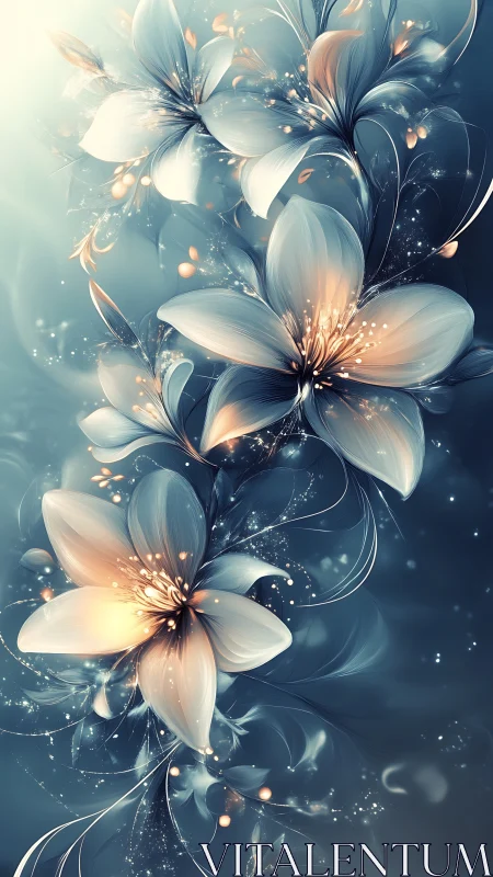 Ethereal teal blossoms glowing with soft golden light.