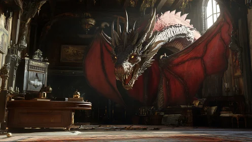Red dragon dominates ornate study interior scene.