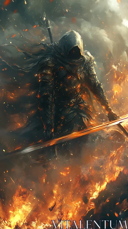 Hooded dark knight advances through raging inferno of war