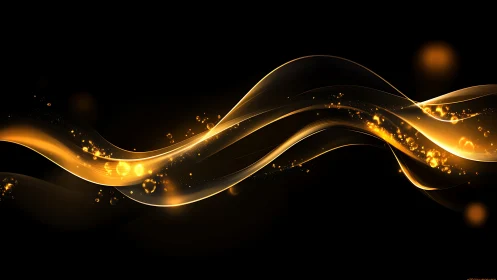 Luminous golden waveforms arc across black space with particle glow