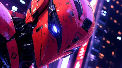 Red mechanical robot head is rendered in neon city lighting