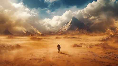 Solitary wanderer crossing a storm-swept alien desert.