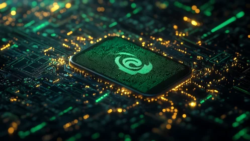 Neon chipset cradle for swirling quantum data emblem glow.