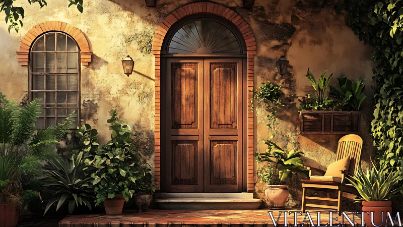 Wooden front door framed by plants on sunlit stucco wall