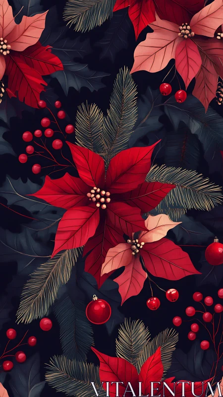 Red poinsettias and pine sprigs form dense festive pattern